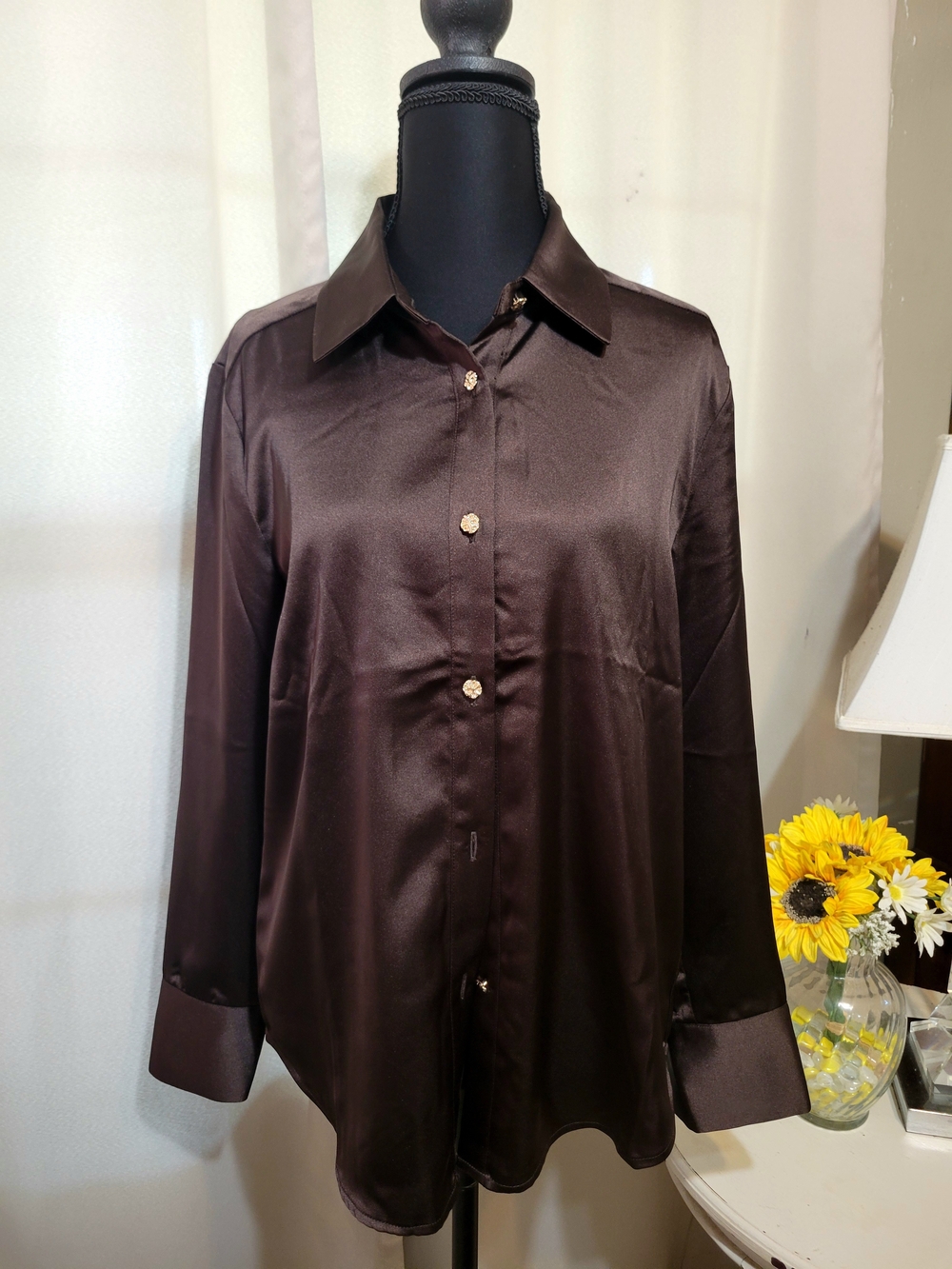 Rachel Zoe Chocolate Satin Button-Front Blouse